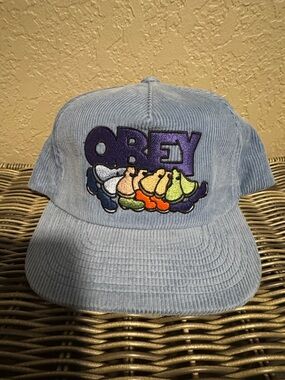 Obey adult Light Blue Corduroy Hat with Multicolor Embroidered Logo